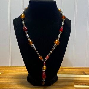Amber and Red Beaded Necklace and Matching Earrings NWT